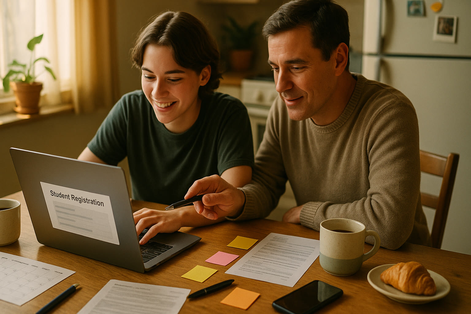 Photo Idea : A candid photo of a high school student and parent at the kitchen table, laptop open to a registration page, calendar and sticky notes scattered — warm morning light, collaborative tone.