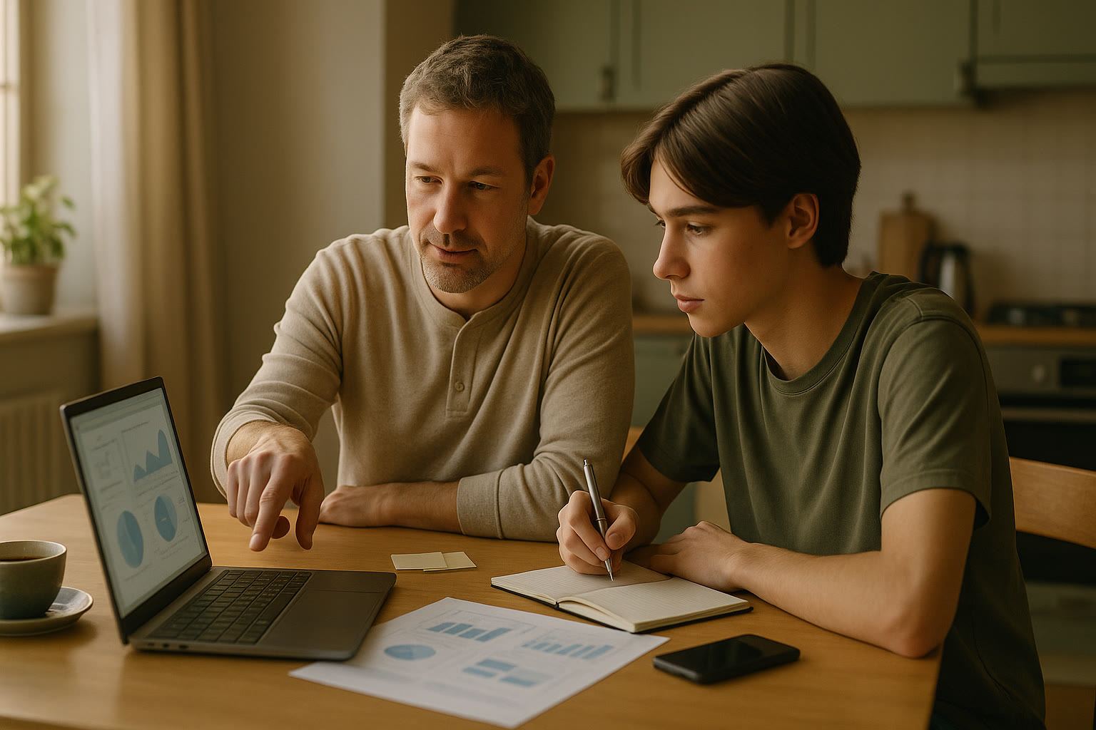 Photo Idea : A calm parent and teen at a kitchen table with a laptop, charts, and a cup of tea, discussing a plan—natural light, warm tones.