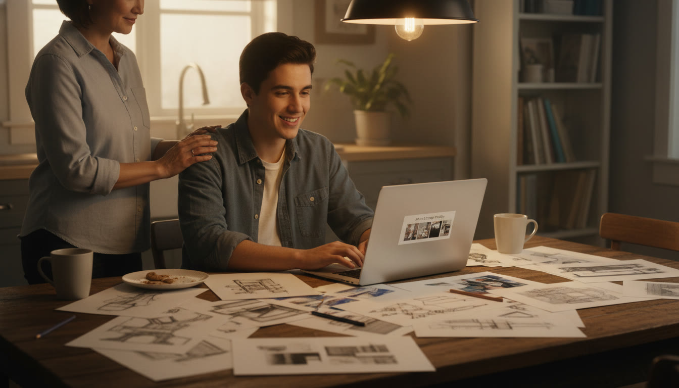 Photo Idea : A student at a kitchen table surrounded by sketches, a laptop open to a digital portfolio, with a parent offering a supportive hand nearby — warm lighting, calm focus.