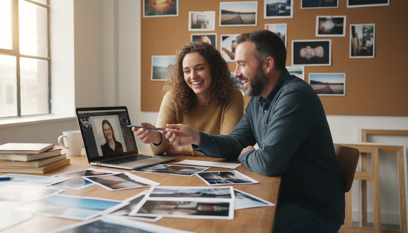 Photo Idea : A student and a tutor reviewing prints and a laptop; conversation in progress, conveying the collaborative, iterative nature of portfolio building.