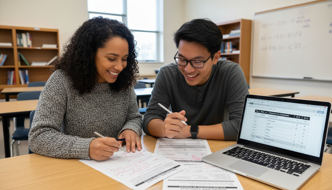 Photo Idea : A classroom setting with a tutor and student reviewing a graded FRQ, checklist sheets visible, and a laptop displaying a scoring guideline. The mood should suggest collaborative improvement and focused feedback.