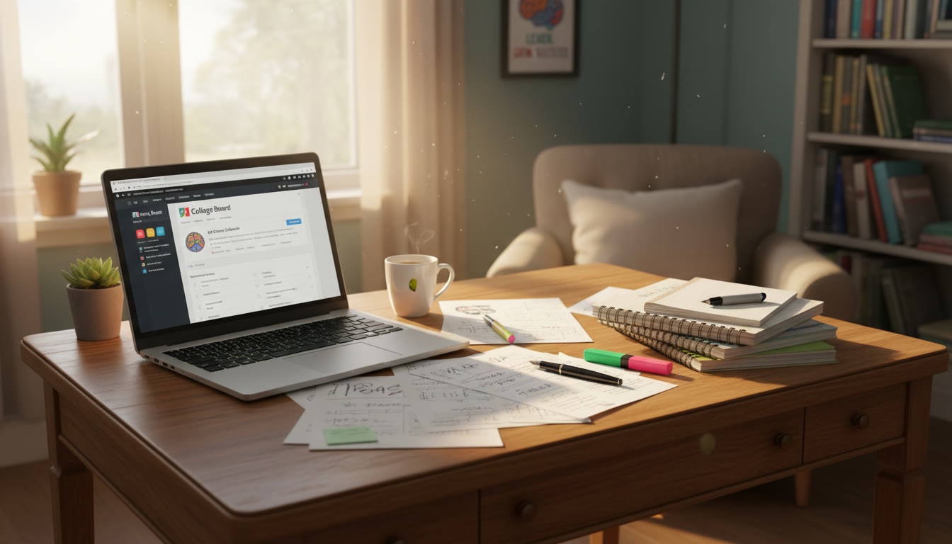 Photo Idea : A calm, sunlit study corner with a laptop on one side and handwritten notes on the other; suggests blending digital and written work for combined AP/SAT prep.