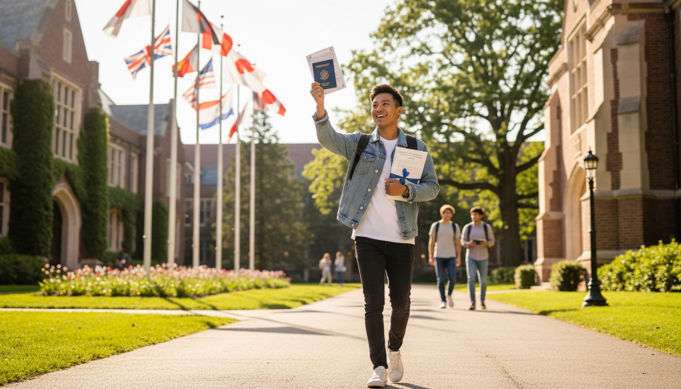Photo Idea : A bright, welcoming photo of a smiling international student holding a passport and transcripts, walking across a university campus with flags in the background.