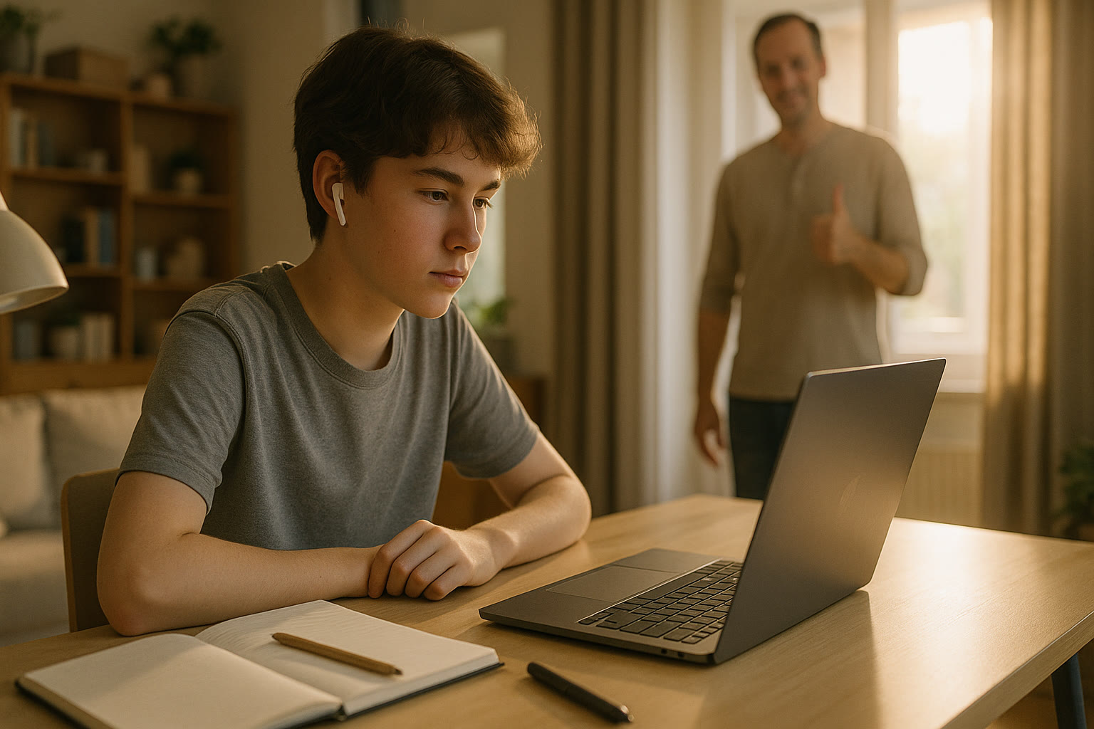 Photo Idea : A teen at a clean, sunlit desk with earbud-style headphones, concentrating on a laptop with a notebook and pencil nearby. A parent stands at the doorway offering a supportive thumbs-up.