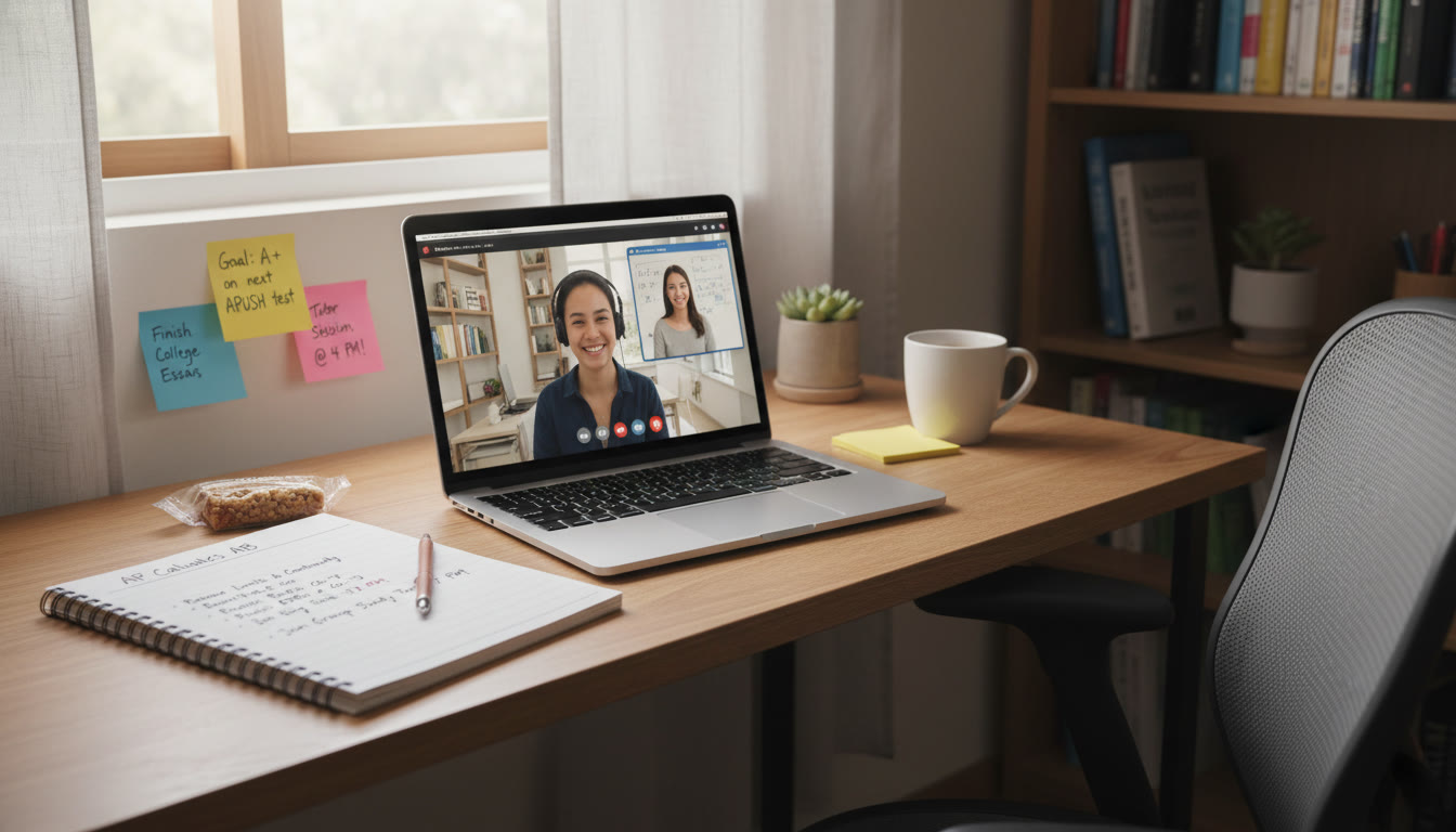 Photo Idea : A bright study nook with a laptop showing a live tutor session, a notebook with an outlined study plan, and sticky notes with goals — evokes structure and the human element of personalized tutoring.
