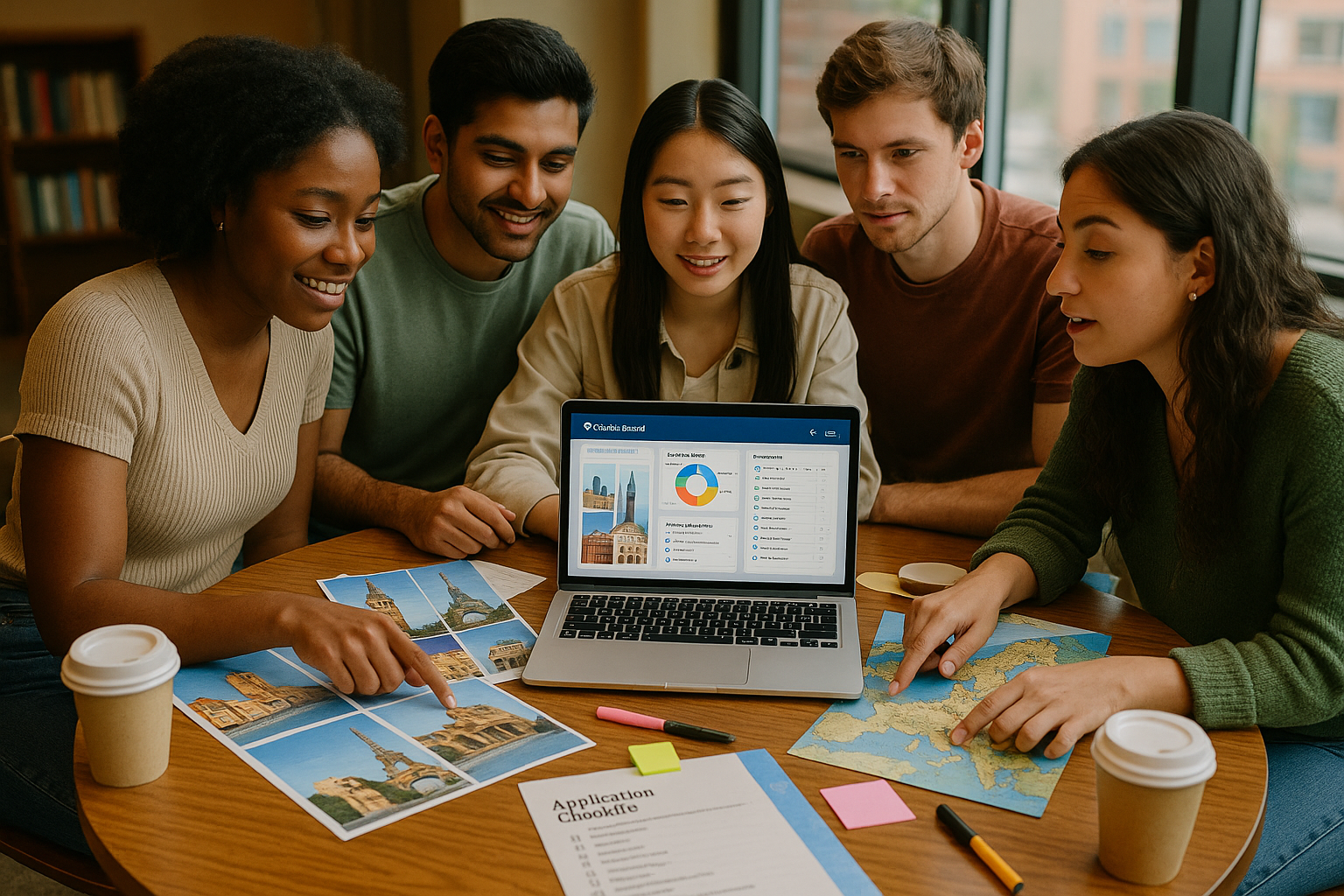 Photo Idea : A diverse group of students sitting at a round table, maps and brochures of European universities spread out, with a laptop showing a College Board dashboard — illustrating collaborative planning for applications.