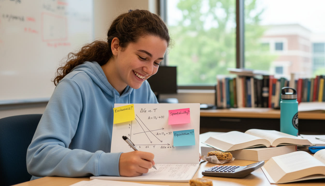 Photo Idea : A student in a lab notebook sketching ΔG vs. T lines with sticky notes and a calculator nearby — conveys active interpretation and study practice.