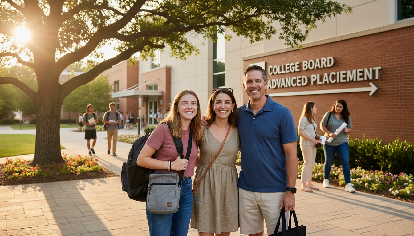 Photo Idea : A calm post-exam scene: family smiling together outside the test center, backpacks slung, sunlight, a visibly relaxed teen. This image pairs well with the 