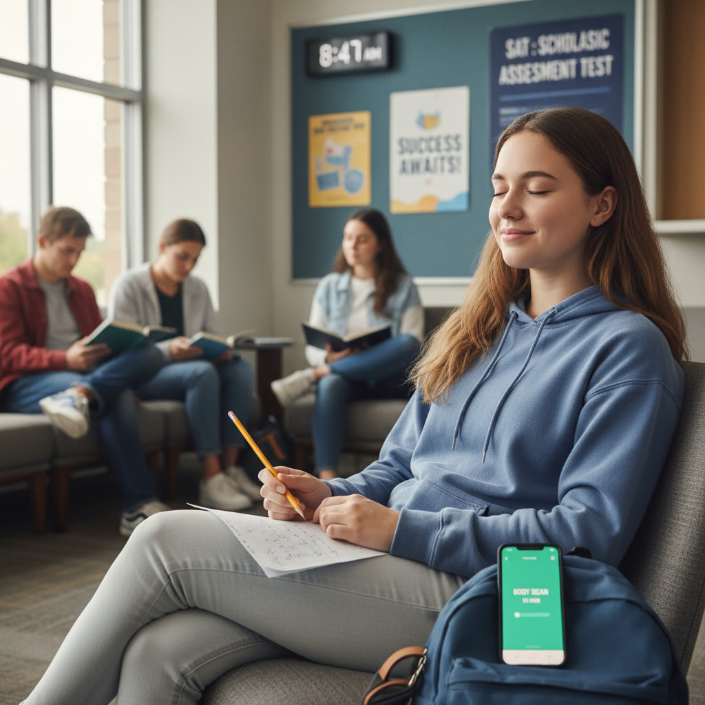 Photo idea: A quiet test-day moment in a waiting area—student doing a short body scan on a meditation app while holding a pencil and scratch paper, calm and focused expressions.
