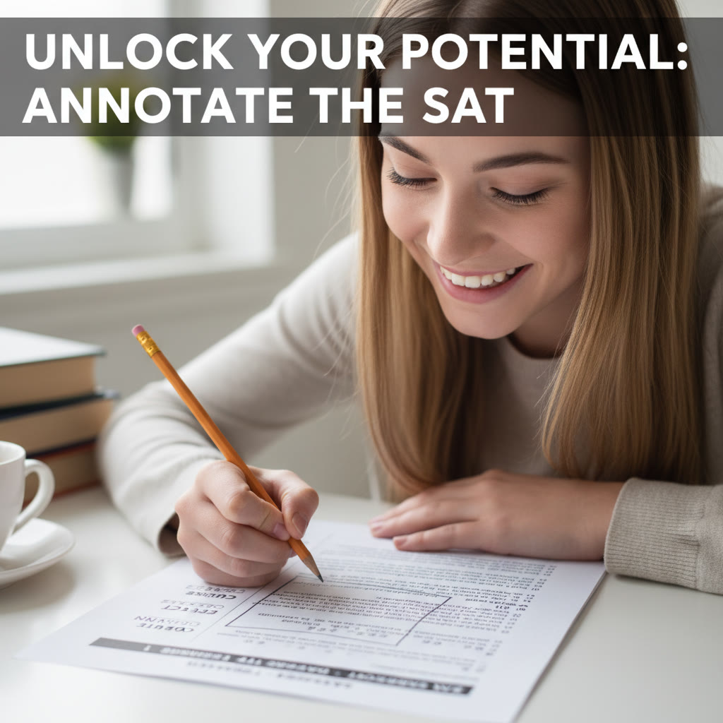 Student annotating a printed SAT passage with a pencil, showing brackets and one-word paragraph maps in the margins