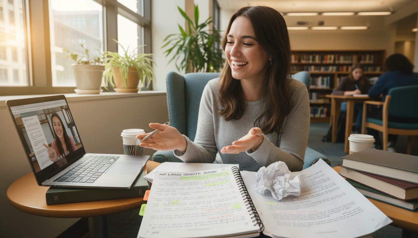 Photo Idea : A student mid-essay in a cozy corner with an open quote bank notebook, a highlighted primary source printout, and a tutor guiding over a laptop screen — captures collaboration and focused study.