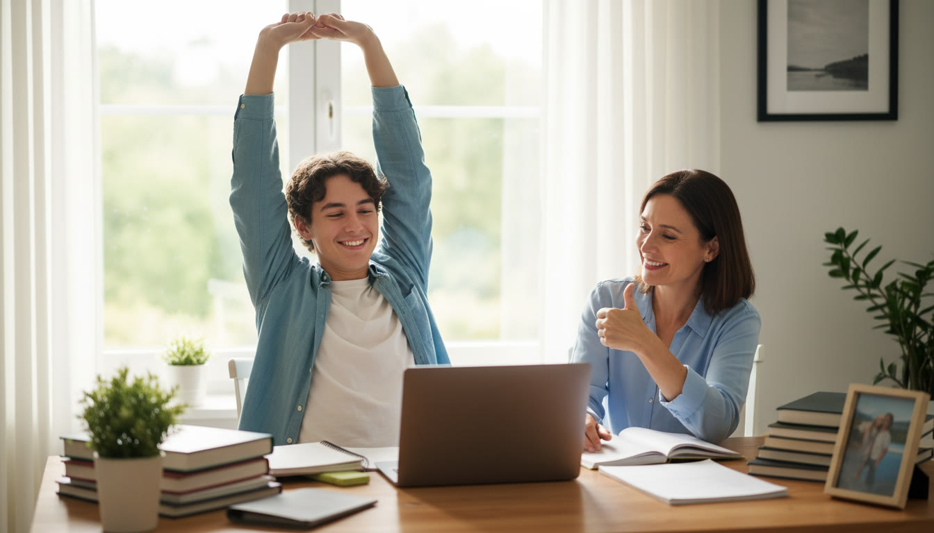 Photo Idea : A calming, candid shot of a teen closing a laptop and stretching, with a parent offering a thumbs-up—captures balance and support.