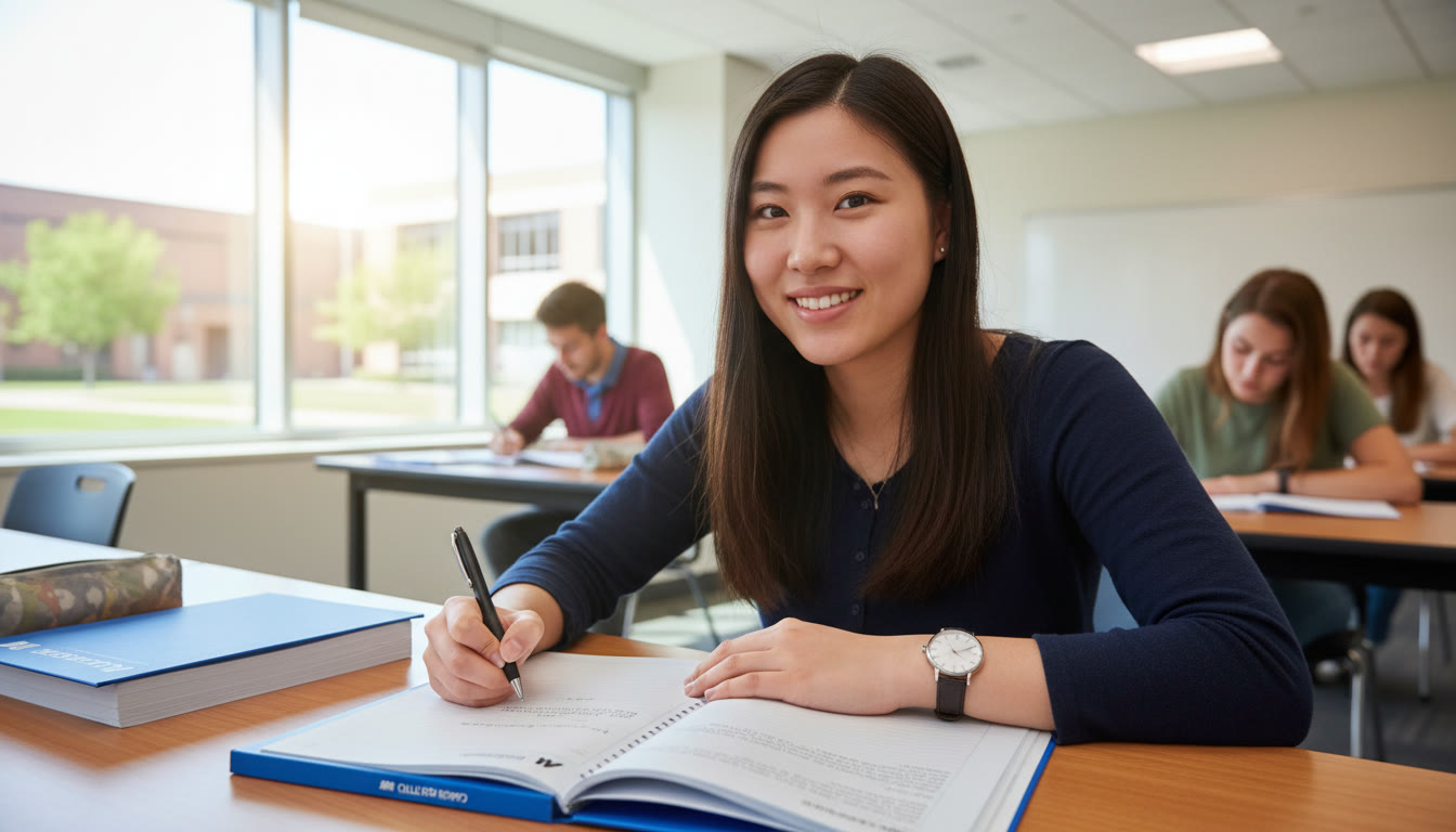 Photo Idea : A student at a desk with an analog watch and a neat Bluebook, mid-write, calm and focused — conveys controlled timing and concentration (place near the top 30% of the article).