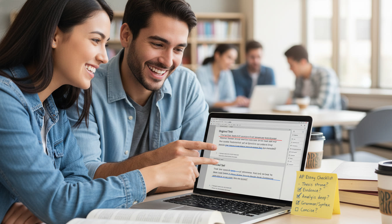 Photo Idea : A close-up of a tutor and student reviewing an AP essay on a laptop, with marked edits demonstrating before/after grammar fixes and a sticky note checklist visible.