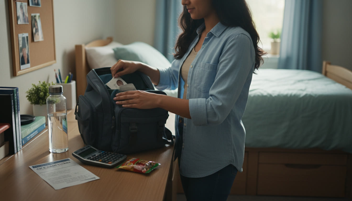 Photo Idea : A calm morning scene of a student packing their bag for exam day: exam ticket, approved calculator, water bottle and a small snack — conveying readiness and routine.