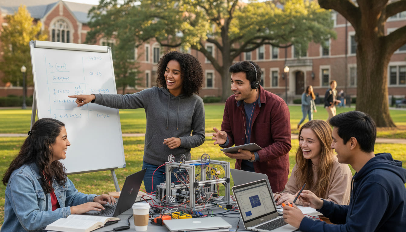 Photo Idea : A daytime campus shot of students collaborating on an engineering project outdoors — laptops, prototypes, and a whiteboard — conveying community and hands-on learning.