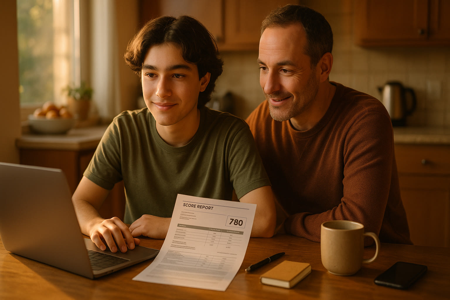 Photo Idea : A hopeful student sitting at a kitchen table late afternoon with a laptop, score report printout, and a parent leaning in—warm lighting, collaborative mood.