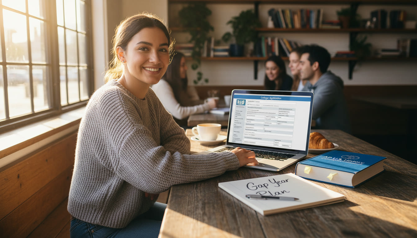 Photo Idea : A student sitting in a sunny café with a laptop open to a college application form, an AP textbook beside them, and a soft notebook labeled 