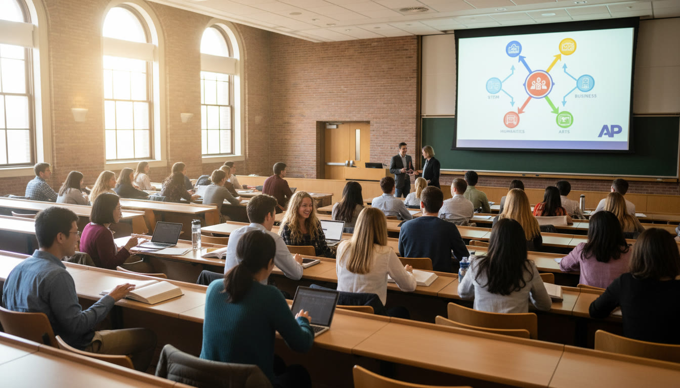 Photo Idea : A bright campus lecture hall with a diverse group of students chatting between class changes, visualizing the energy of course selection and exploration.