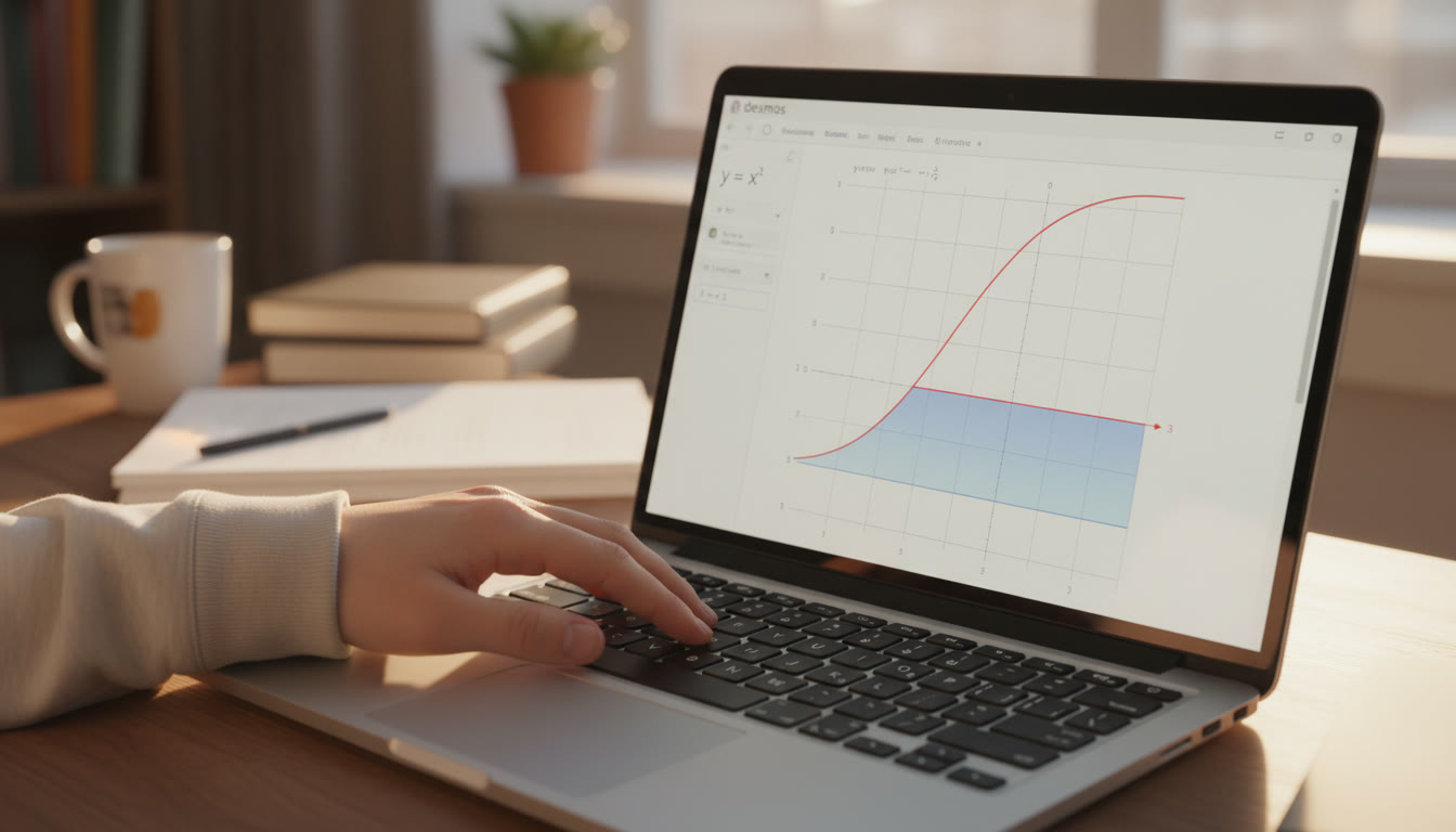 Photo Idea : Close-up of a student’s hand using a laptop with Desmos open; the screen shows a function and a shaded region. The shot is warm and focused, highlighting concentration and interaction with the graphing interface.