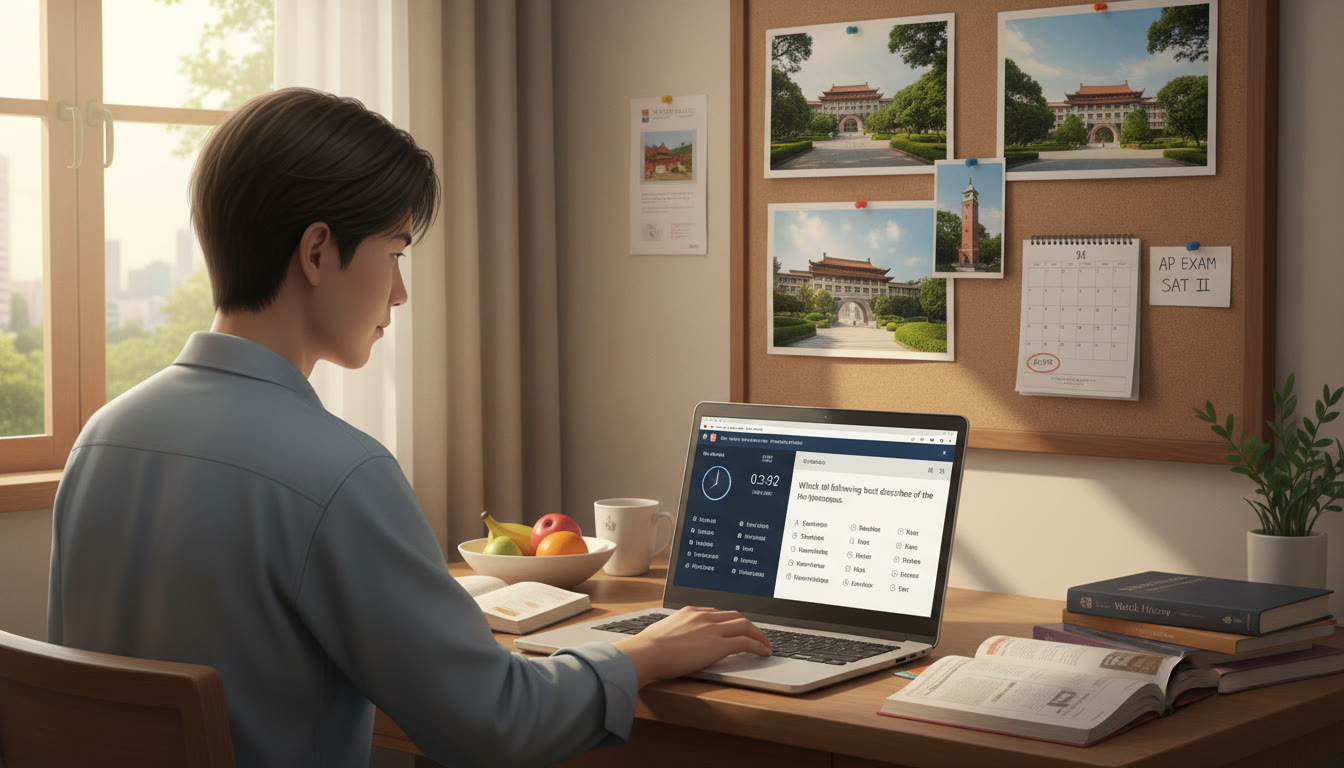 Photo Idea : A focused student working on a laptop with practice SAT questions visible on the screen and CUHK campus photos pinned nearby — conveys planning, study, and a clear goal.