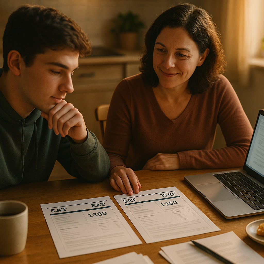 Photo Idea : A student and parent sitting at a kitchen table, looking at two printed SAT score reports side-by-side with a laptop open. Warm light, relaxed atmosphere.