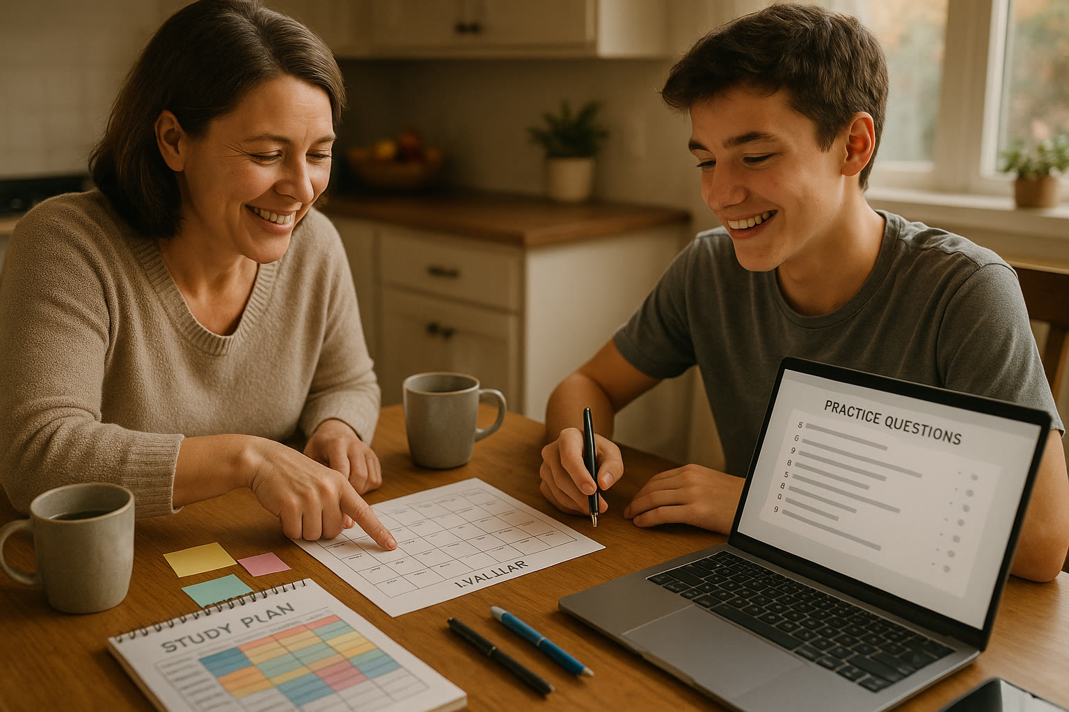 Photo Idea : A relaxed kitchen table scene where a parent and teen are smiling over a calendar and study plan, mid-discussion with coffee and a laptop open to practice questions.