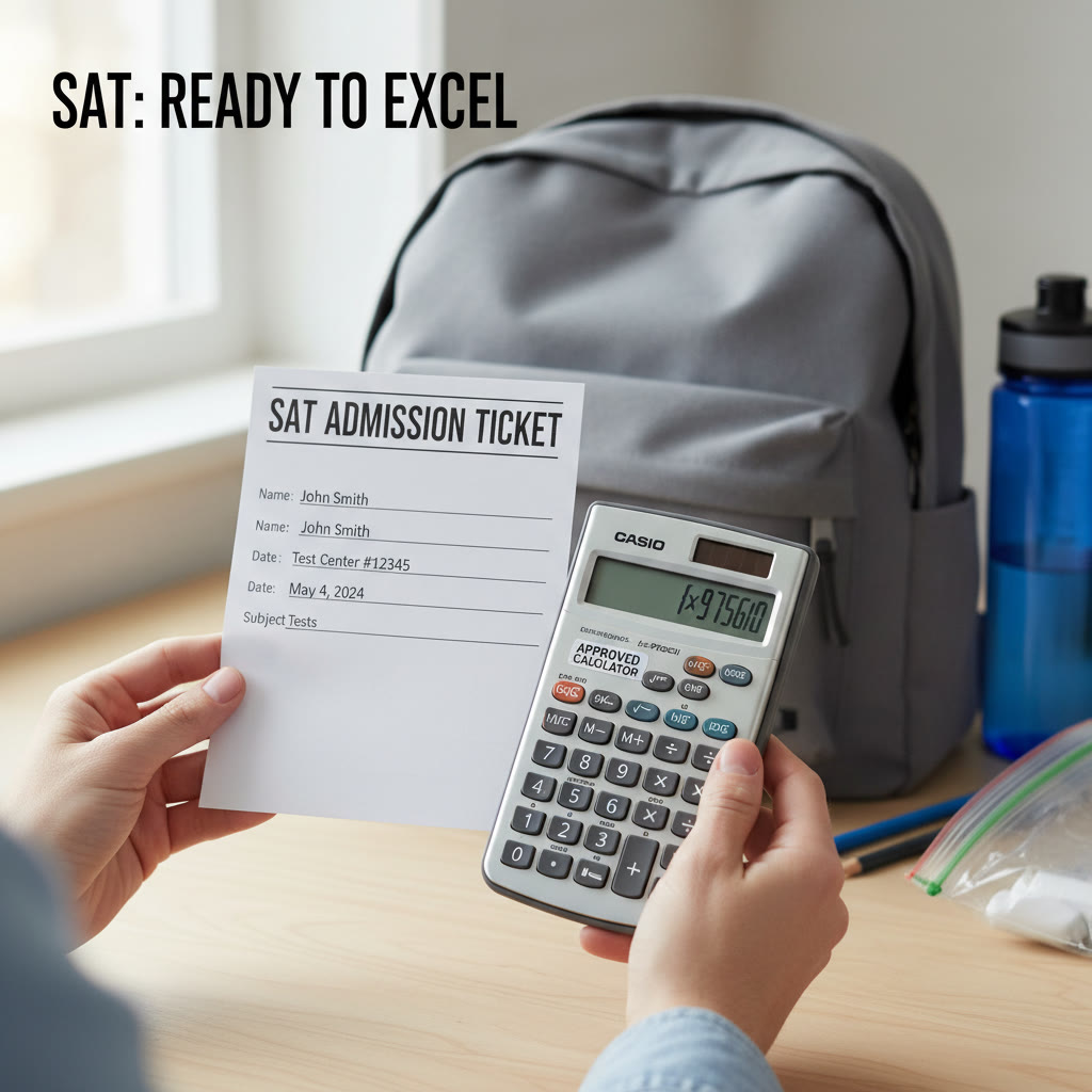 Photo Idea : A calm test-day scene—close-up of hands holding an admission ticket and an approved calculator, with a packed bag and water bottle in soft focus in the background.