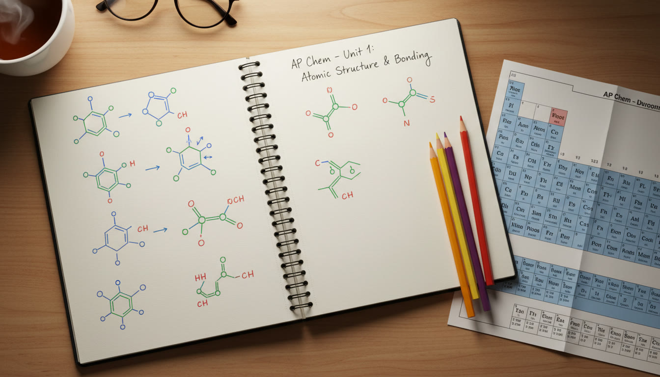 Photo Idea : Top-down view of a student’s sketchbook with neat particulate diagrams, colored pencils, and a periodic table nearby — warm natural light to suggest focus and study.