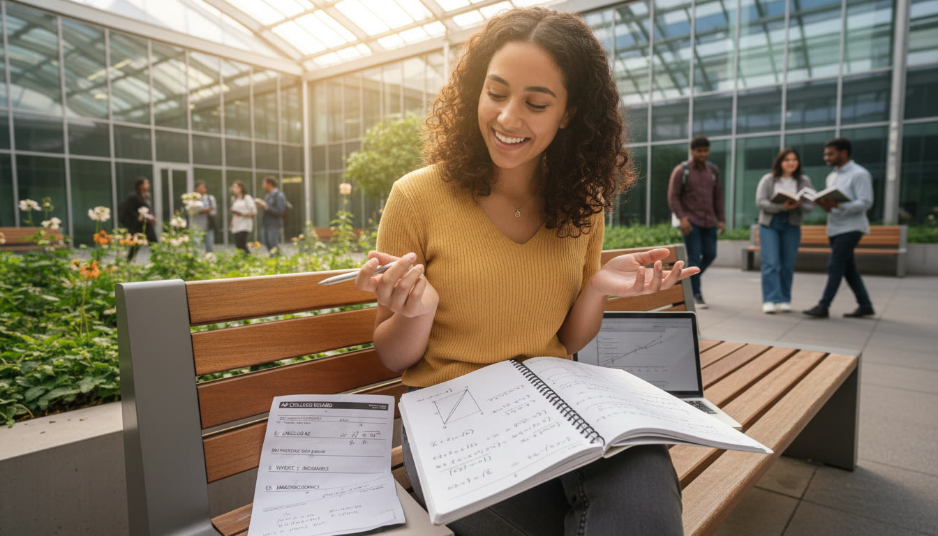 Photo Idea : A bright, candid photo of an international student studying in a modern TUM campus courtyard with a notebook open showing calculus equations and an AP score report nearby. The image should convey focus, optimism, and academic rigor.