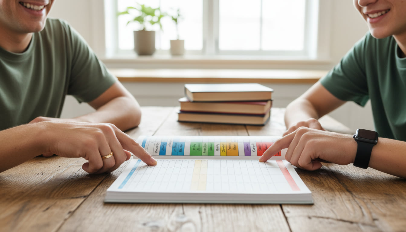 Photo Idea : A tidy weekly planner spread open on a kitchen table with color-coded blocks for classes, study sessions, and work shifts, hands of a parent and teen pointing at a slot.