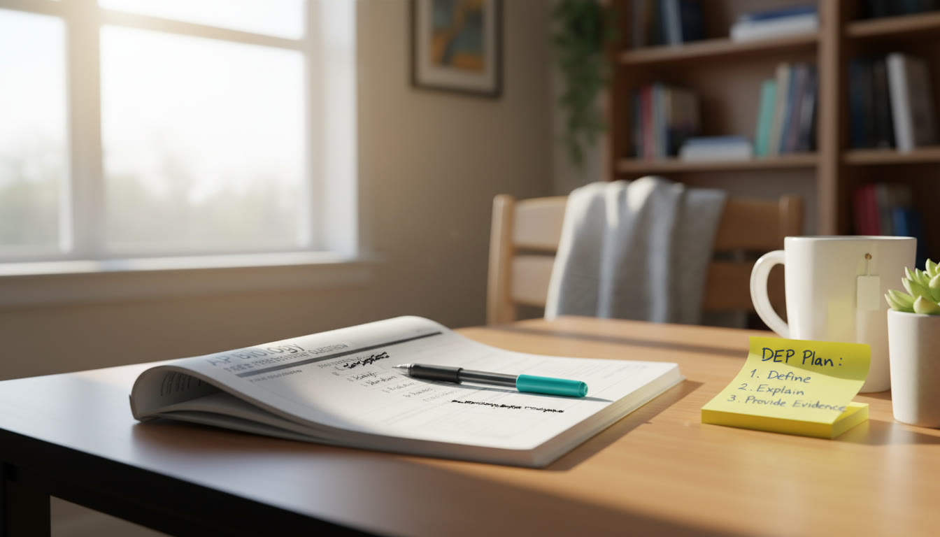 Photo Idea : A quiet study desk with an open AP Biology free‑response booklet, a colored pen, and a neatly written DEP plan on a sticky note — bright morning light to suggest focus and calm before exam day.