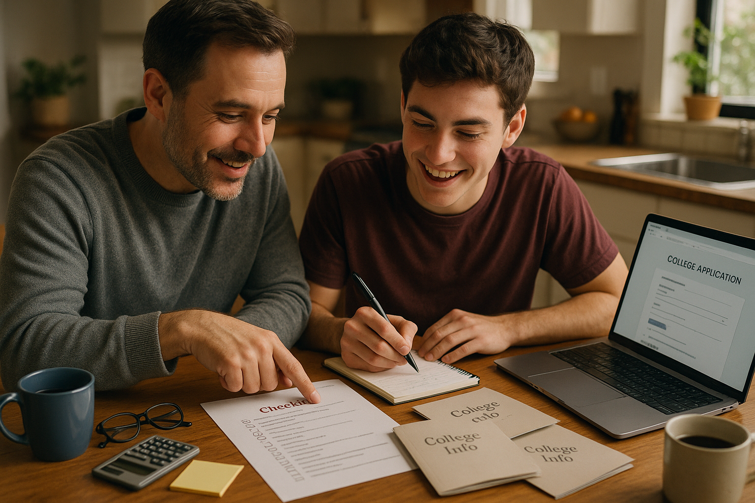 Photo Idea : A parent and student reviewing a checklist and college materials at a kitchen table—representing collaborative planning and supportive guidance.