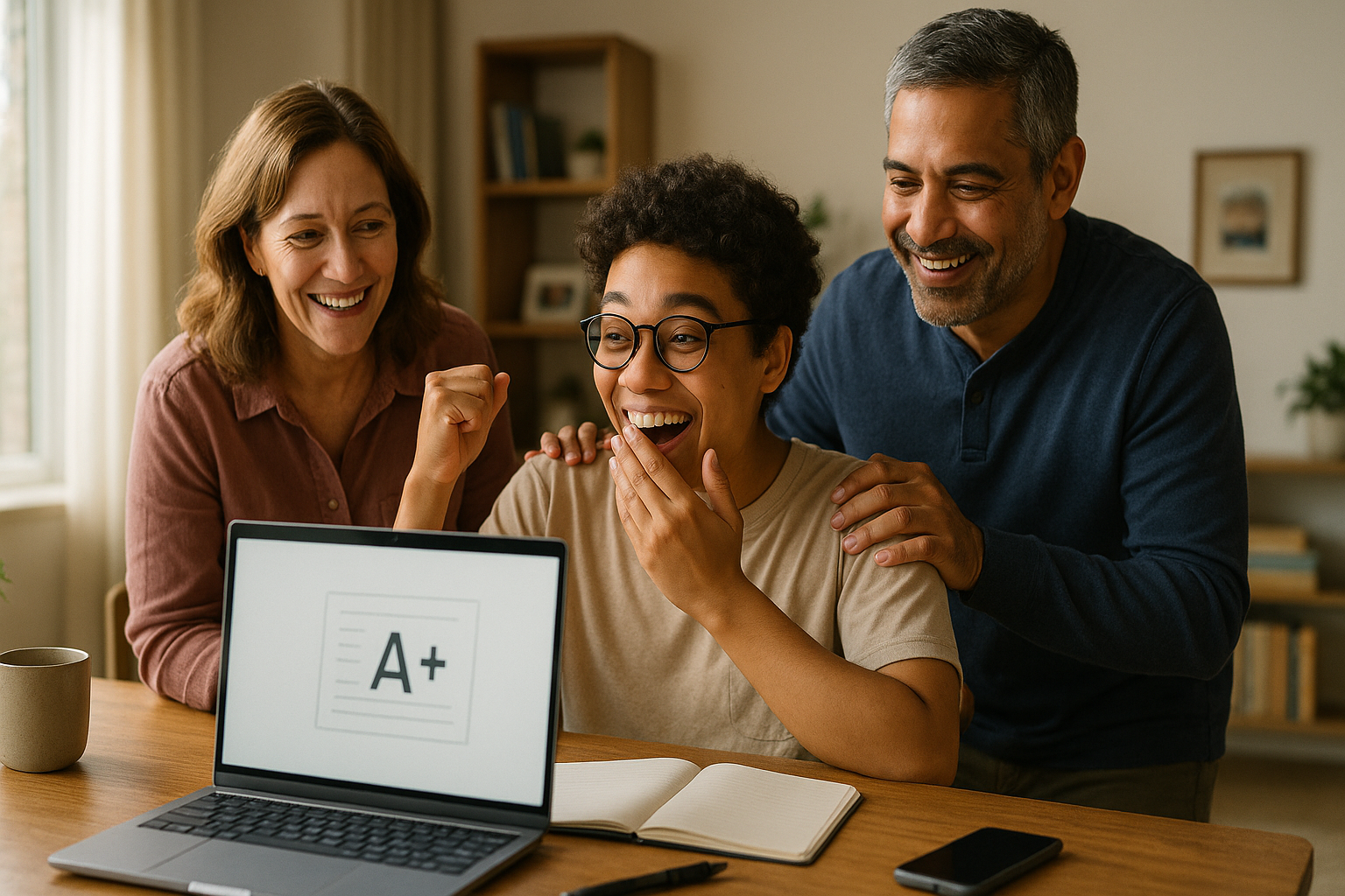 Photo Idea : A joyful scene of a student celebrating after seeing their test score on a laptop, parents smiling nearby — a human moment that captures relief and achievement.