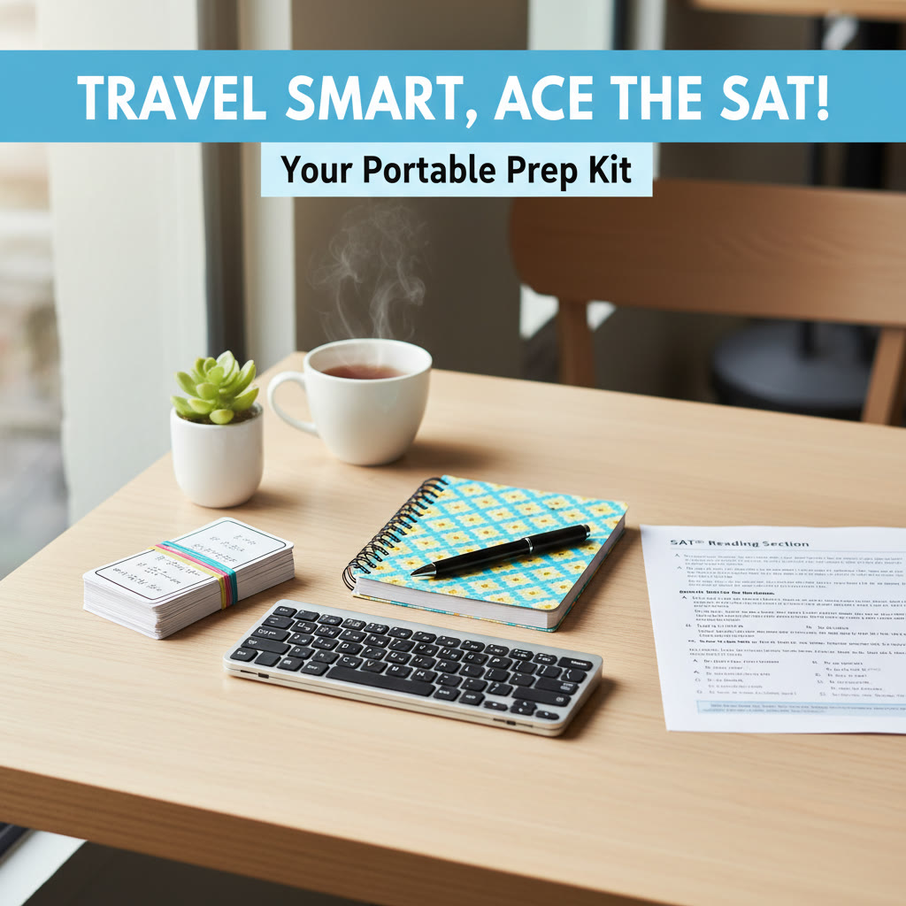 Compact travel study kit: small notebook, a few flashcards, a foldable wireless keyboard, and a printed SAT section—laid out ready to go.