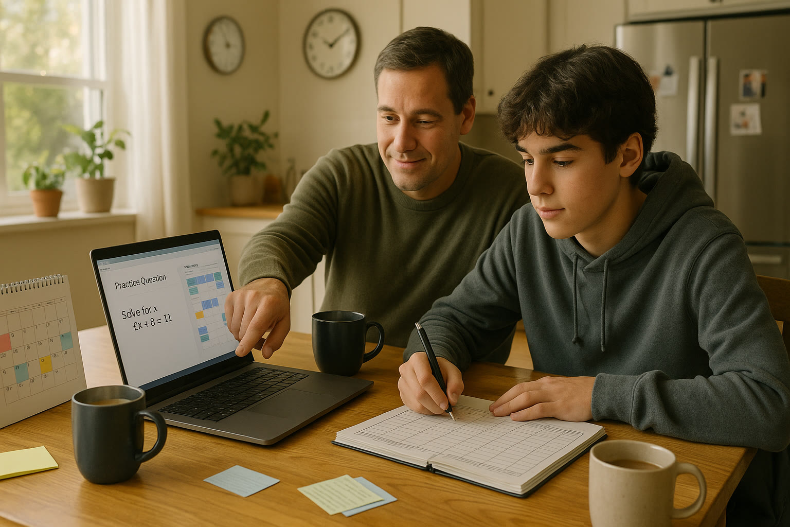 Photo Idea : A calm family at a kitchen table with a laptop open to a practice question—student and parent planning a study schedule together.