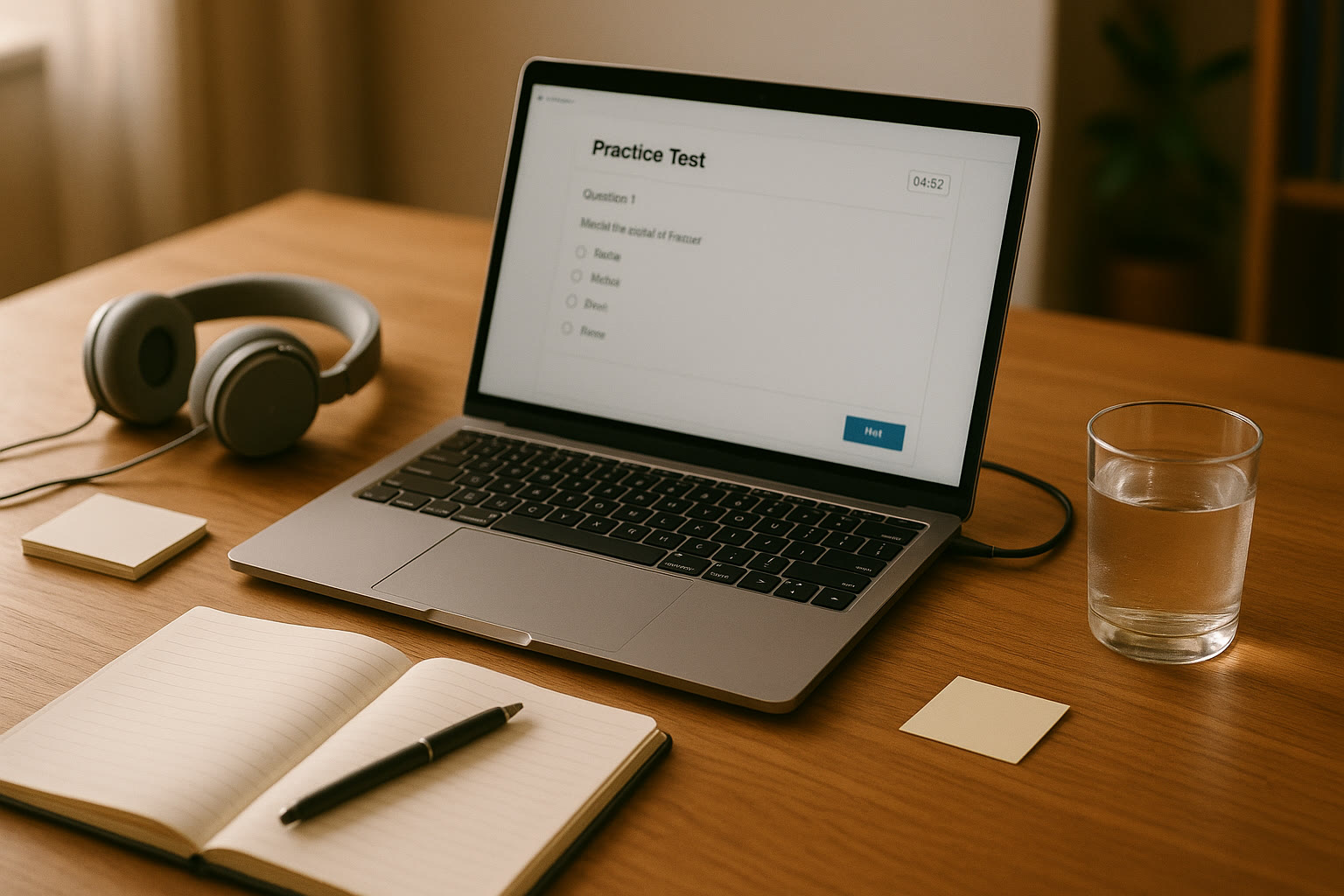 Photo Idea : A tidy study desk with a laptop open to a practice test, a pair of headphones, a notebook, and a glass of water—soft natural light highlighting a calm, focused atmosphere.