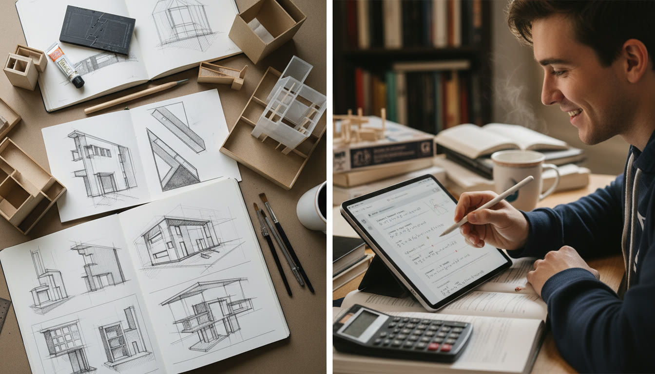 Photo Idea : A split-image concept: left side shows close-ups of detailed sketchbook pages and material experiments; right side shows a student solving calculus problems on a tablet underscoring the dual nature of architecture prep.