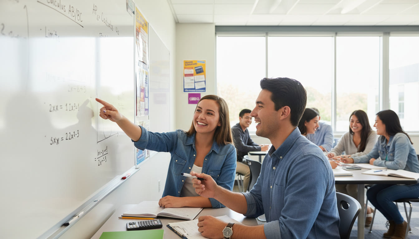 Photo Idea : An energetic classroom or tutoring scene showing a young student and a tutor working through an AP calculus problem on a whiteboard — mood: collaborative and encouraging.