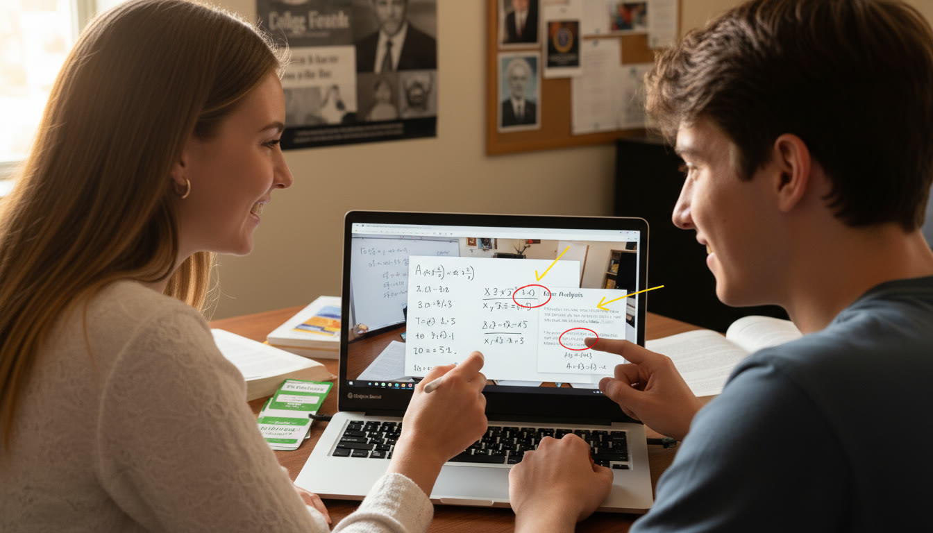 Photo Idea : Over-the-shoulder view of a tutor and student reviewing a photographed whiteboard problem on a laptop screen. The image should show collaborative correction and points being circled with a finger to emphasize feedback and iterative learning.