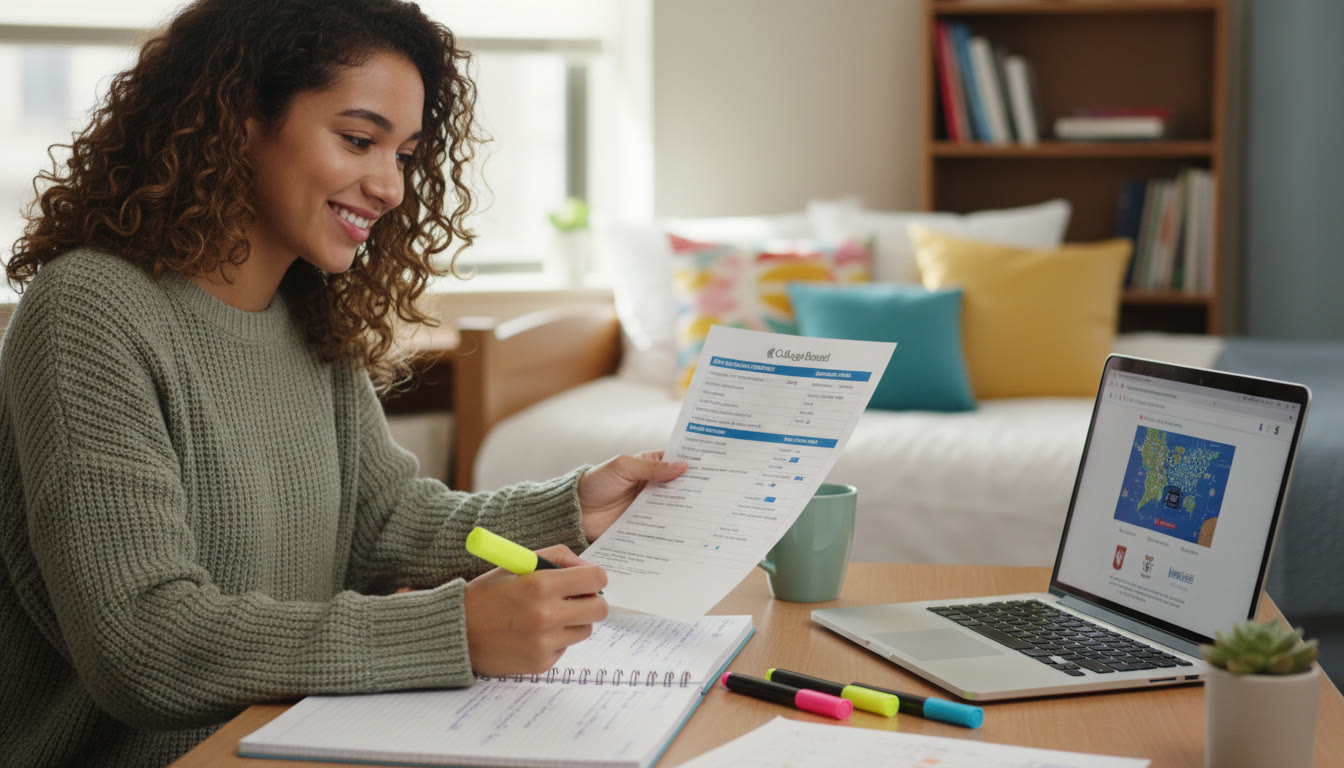 Photo Idea : A student sitting at a desk with a printed score report, highlighters, and a laptop, smiling thoughtfully while making notes — conveys calm reflection and planning.