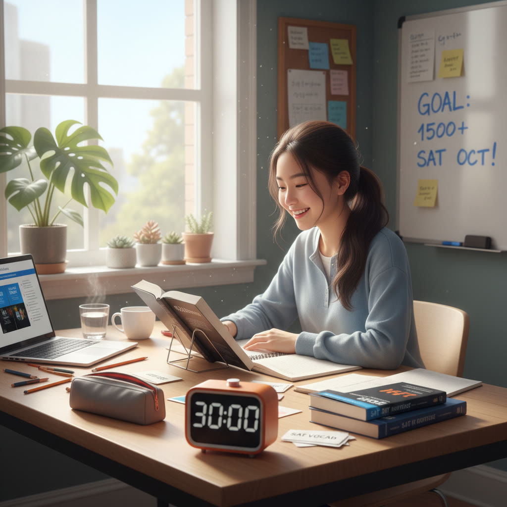 Young student studying at a tidy desk with notes and a timer, smiling and focused. Suggestion: show natural lighting and study materials for an inviting, realistic scene.