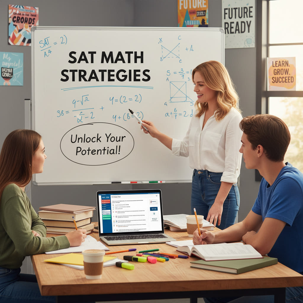 Photo Idea : A small group meeting with a tutor and student over a whiteboard showing math problems and a laptop displaying an SAT practice interface, conveying an interactive, personalized tutoring session.