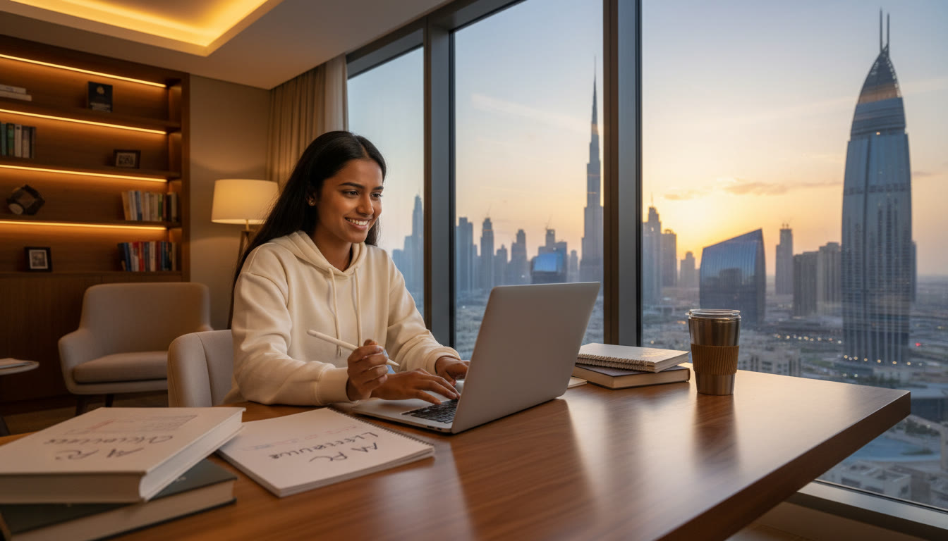 Photo Idea : A thoughtful student working on a laptop in a modern study space with UAE skyline visible through the window.