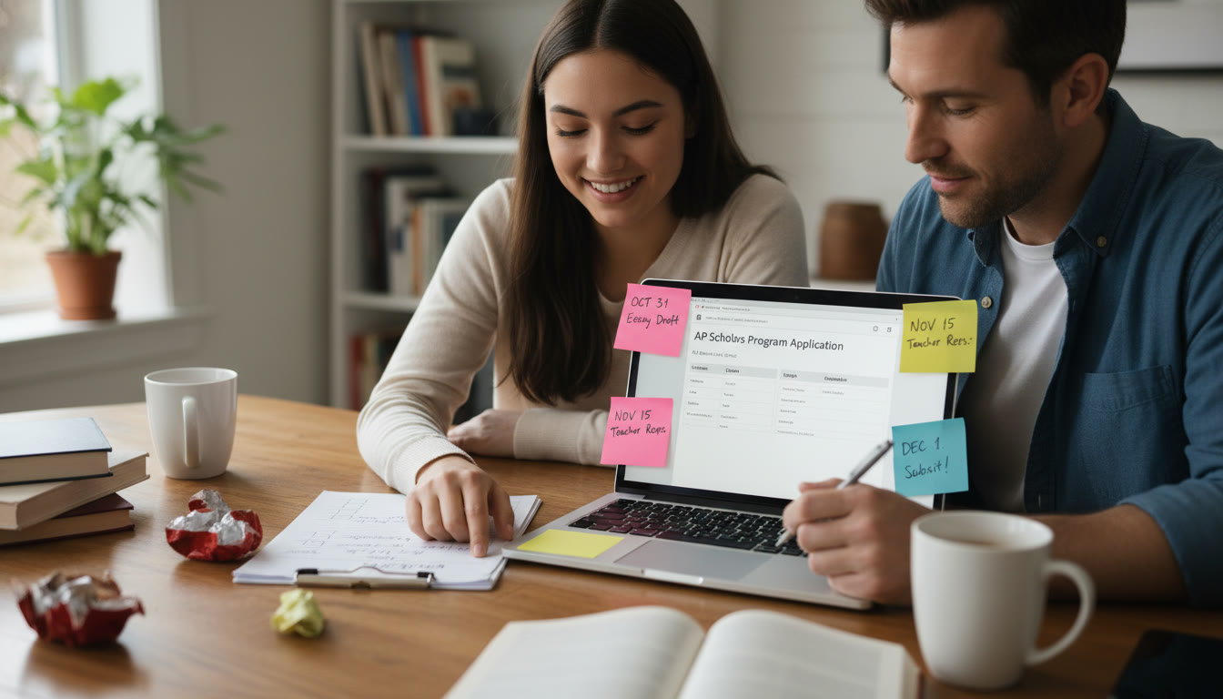 Photo Idea : A student and parent reviewing a checklist together, laptop open to an application portal mockup, post-it notes with deadlines visible — shows collaboration and planning. (Place midway through article near the timeline/checklist section.)
