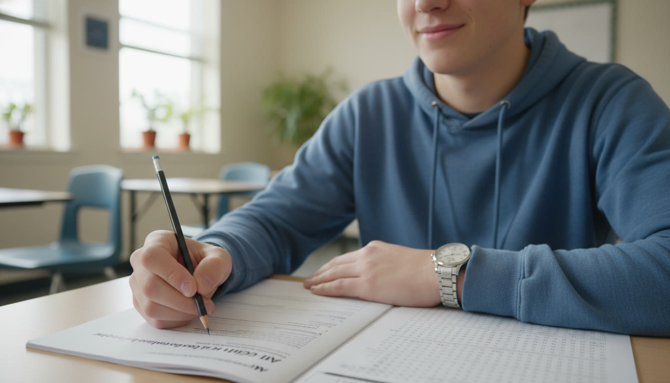 Photo Idea : A close-up, natural light photo of a high school student in a quiet testing room, wristwatch visible, pencil poised above a test booklet — conveys calm timing and focus.