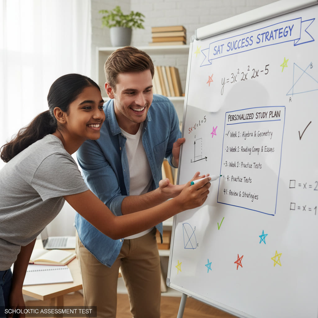 Close-up of a student discussing a math problem with a tutor, showing a whiteboard with equations and a personalized study plan