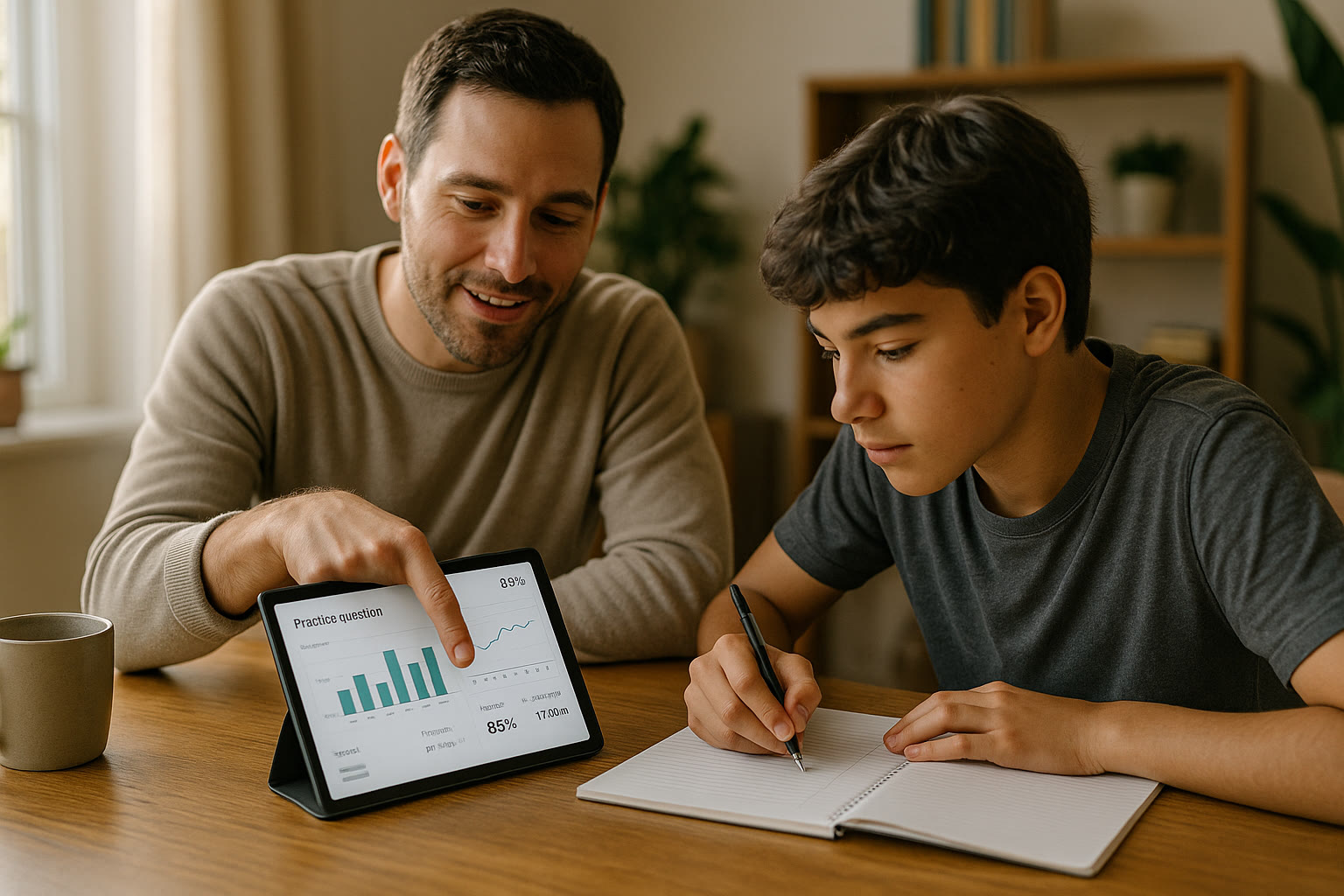 Photo Idea : A tutor (or parent) pointing at a digital tablet with practice-question analytics while a student takes notes—captures focused, collaborative study.