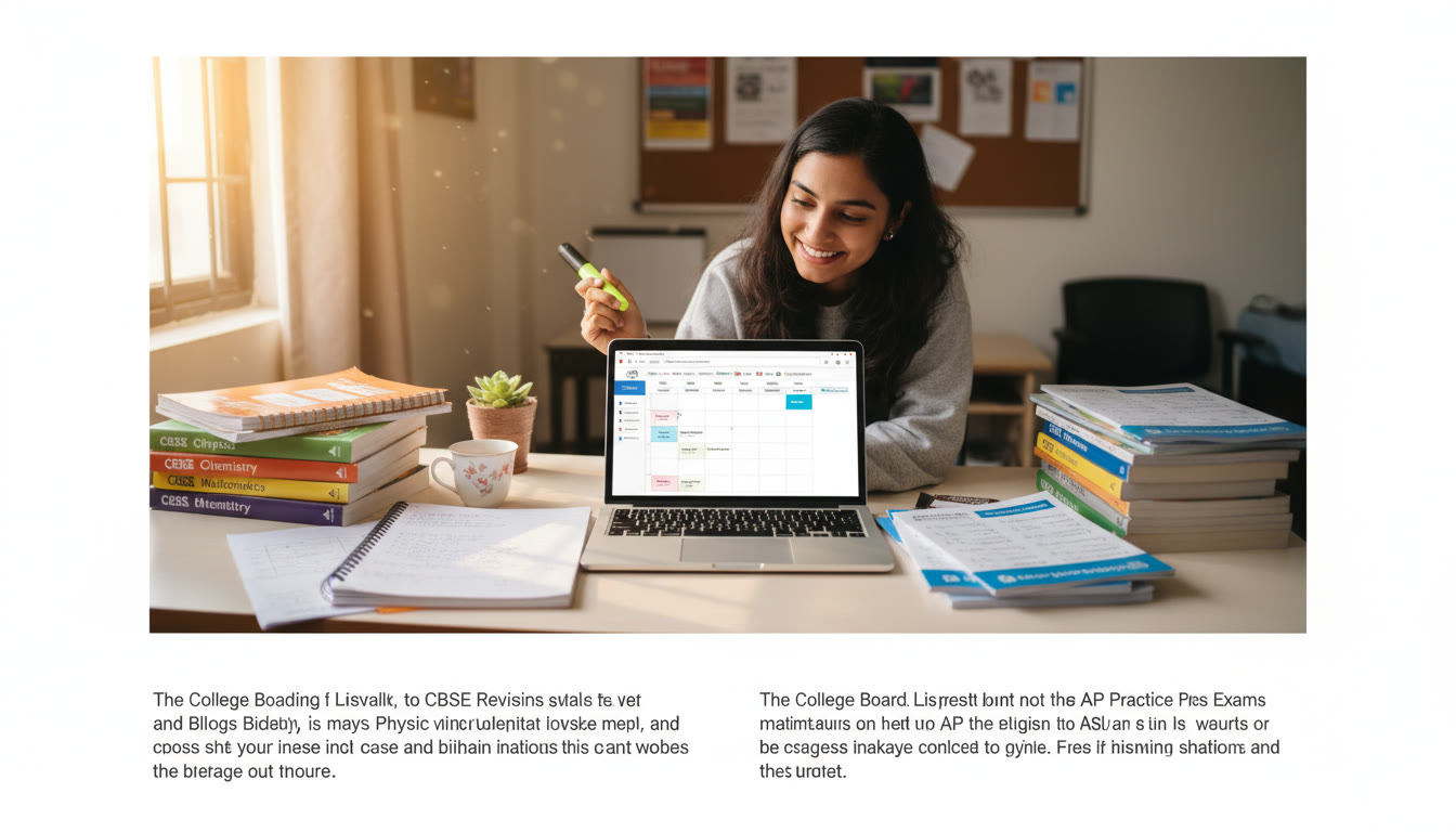 Photo Idea : A bright study scene showing a student’s desk with CBSE textbooks on one side and AP Collegeboard printed materials on the other, a laptop open to a study plan — capturing the idea of parallel preparation.