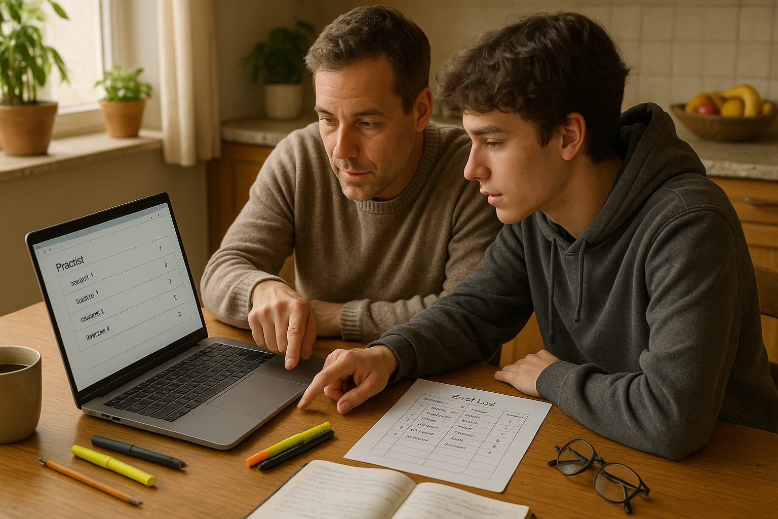 Photo Idea : A parent and teen reviewing a practice test together at the kitchen table, with a laptop showing questions and a printout of an error log—illustrates collaborative, cost-effective prep.